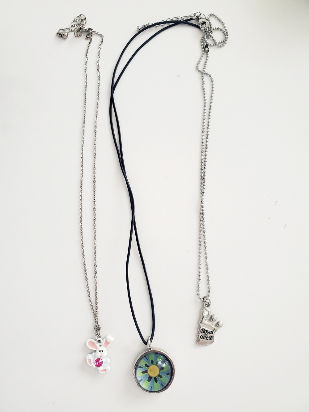 Set of Three Pendant Necklaces - Bunny, Floral Medallion, Royal Glove